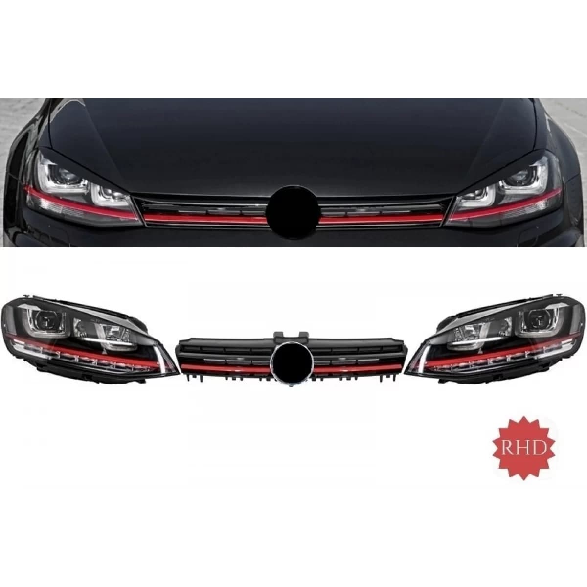 Assembly Headlights 3D LED FLOWING Dynamic Sequential Turn Light RHD with Grille suitable for VW Golf 7 VII (2012-2017) RED R20 GTI Look