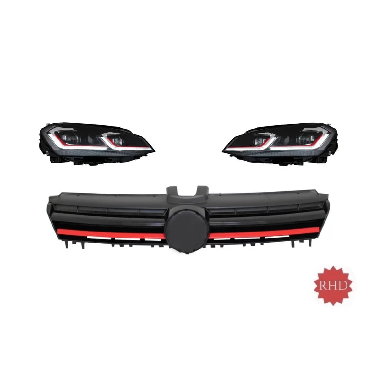 RHD Headlights LED Sequential Dynamic Turn Light with Grille suitable for VW Golf 7 VII (2013-2017) R Look Red