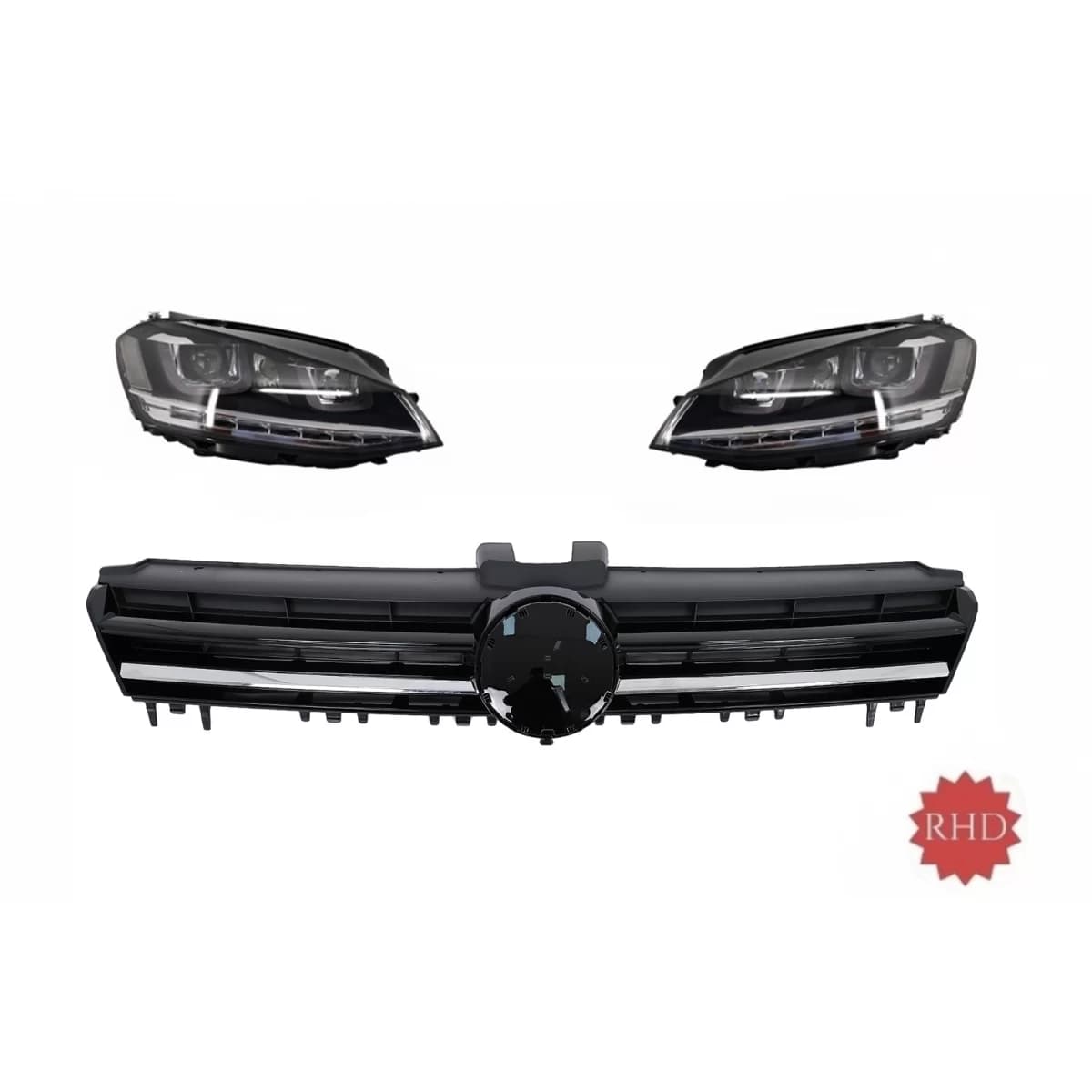 RHD Headlights LED FLOWING Dynamic Sequential Turning Lights with Central Grille suitable for VW Golf 7 VII (2012-2017) R-Line Design Chrome Insertions