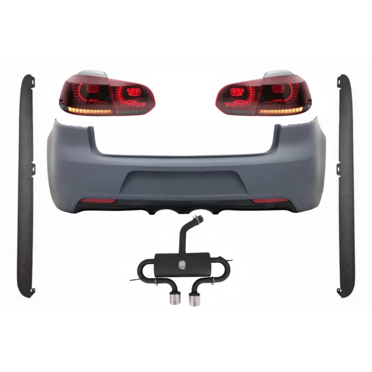 Rear Bumper with Exhaust System suitable for VW Golf VI (2008-2013) Side Skirts and Taillights Full LED Turning Light Static Red Smoke R20 Design