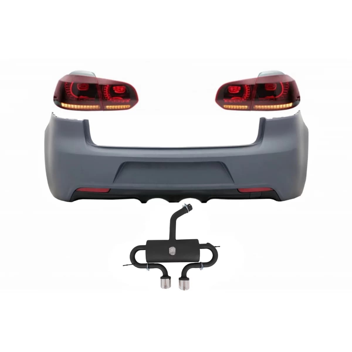 Rear Bumper with Exhaust System and Taillights Full LED suitable for VW Golf 6 VI (2008-2013) R20 Design Red Cherry with Sequential Dynamic Turning Lights (LHD and RHD)