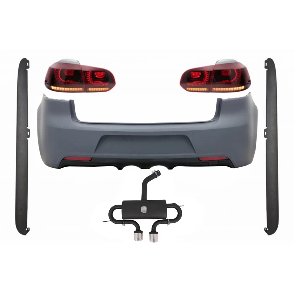 Rear Bumper with Exhaust System suitable for VW Golf 6 VI (2008-2013) R20 Design Side Skirts and Taillights Full LED Red Cherry with Sequential Dynamic Turning Lights (LHD and RHD)