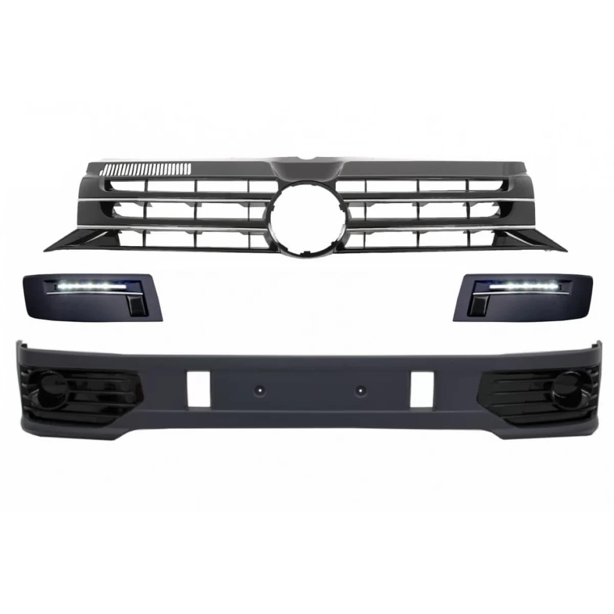 Front Bumper Add-on Spoiler with LED DRL suitable for VW Transporter Multivan Caravelle T5 T5.1 Facelift (2010-2015) and Badgeless Front Debadged Grille Sportline Design