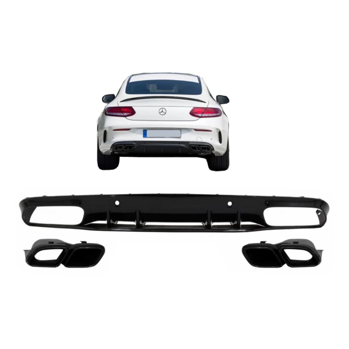 Rear Bumper Valance Diffuser suitable for Mercedes C-Class C205 A205 Coupe Cabriolet (2014-2019) Facelift C63S Design All Black