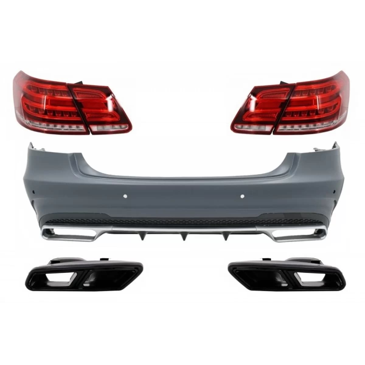 Rear Bumper with Exhaust Muffler Tips Black and LED Light Bar Taillights suitable for Mercedes W212 E-Class Facelift (2009-2012) E63 Design