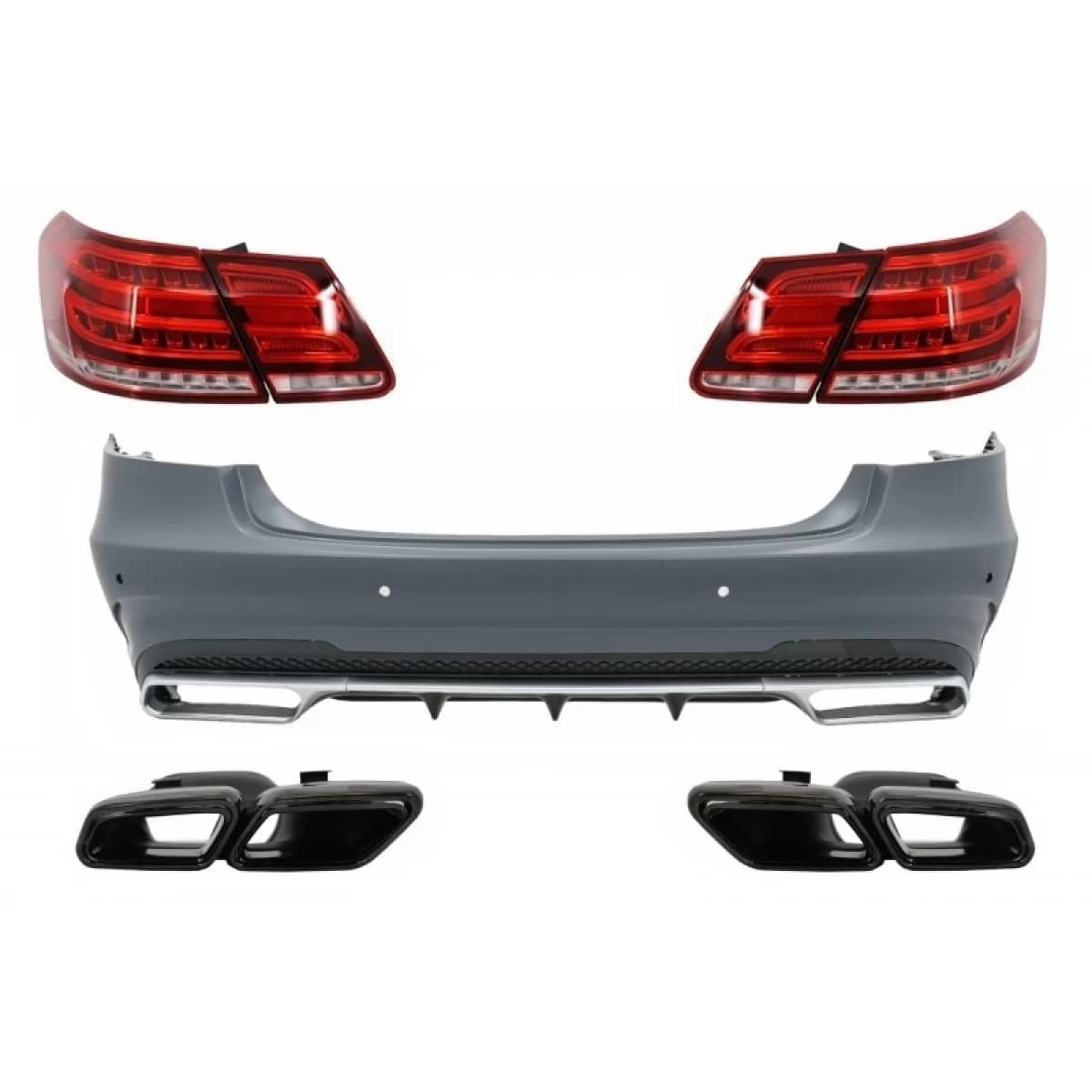Rear Bumper with Exhaust Muffler Tips Black Edition and LED Light Bar Taillights suitable for Mercedes W212 E-Class Facelift (2009-2012) E63 Design