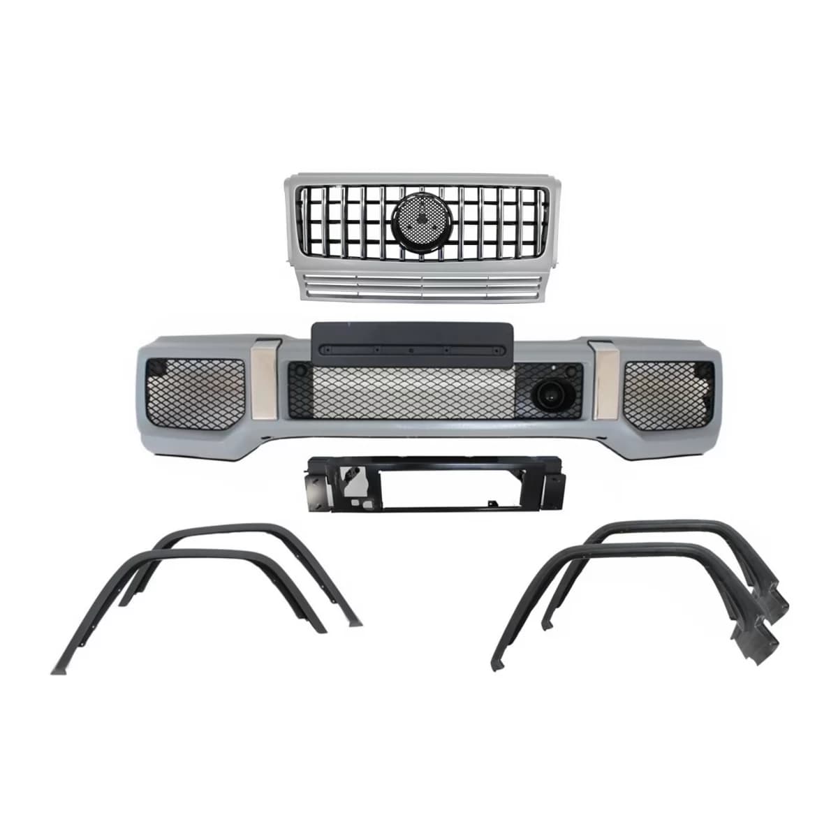 Front Bumper with Fender Flares Wheel Arches and Front Grille Silver suitable for Mercedes G-Class W463 (1989-2018) G65 Design