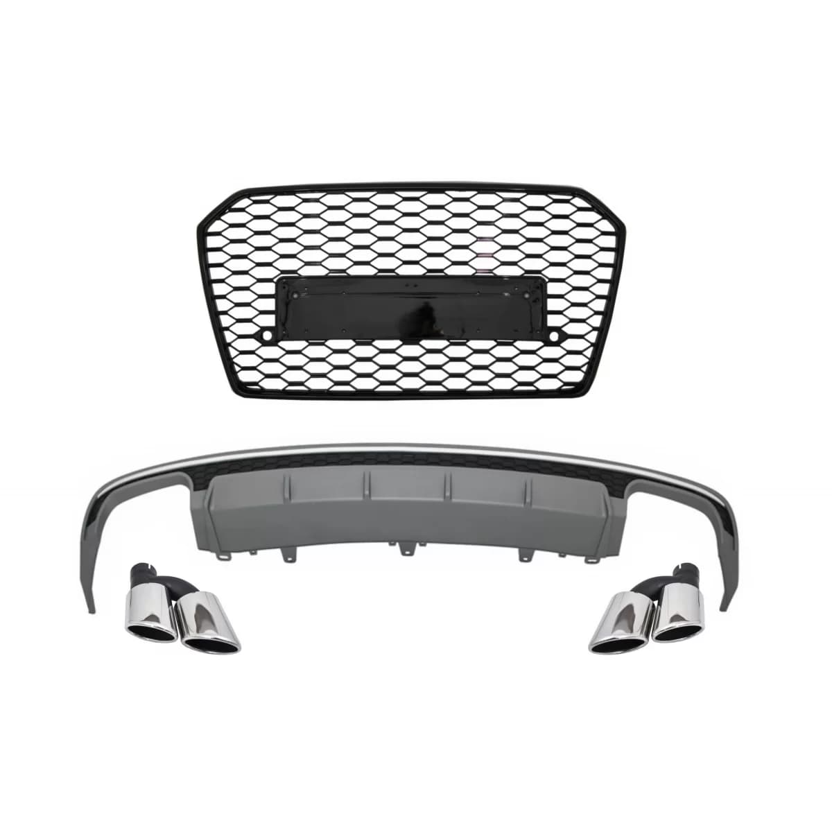 Rear Bumper Valance Diffuser with Exhaust Muffler Tips and Front Grille suitable for Audi A6 4G Facelift (2015-2018) Sedan Limousine S6 Design