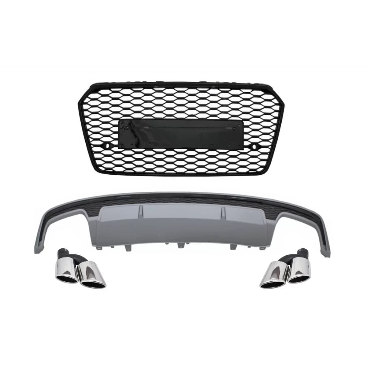Rear Valance Air Diffuser with Exhaust Muffler Tips and Front Grille suitable for AUDI A7 4G Facelift (2015-2017) S7 Design