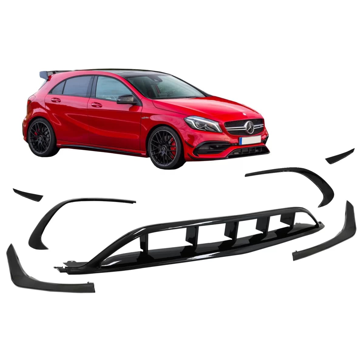 Front Bumper Splitters Fins Aero suitable for Mercedes A-Class W176 Facelift Sport Line (2015-2018) Piano Black