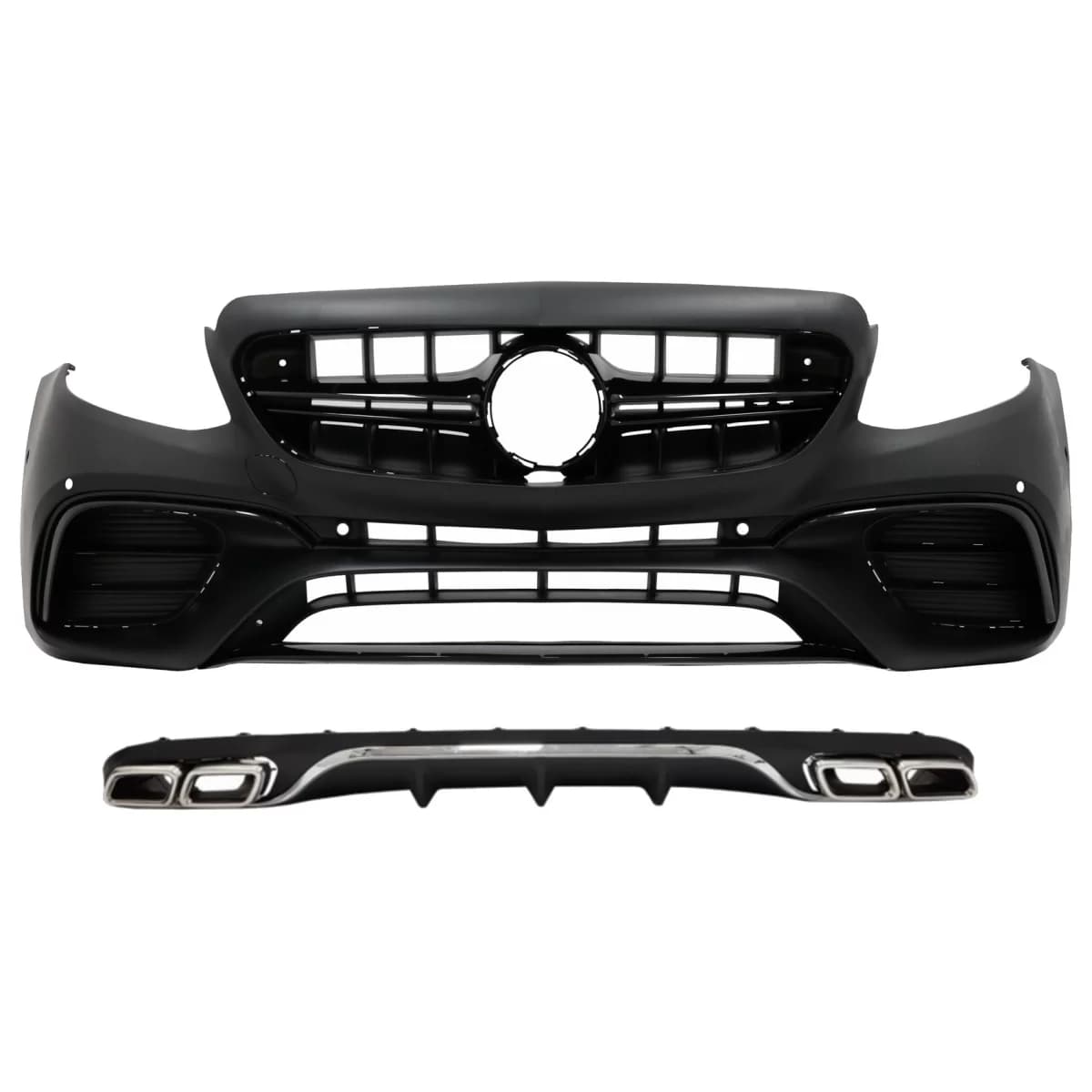 Front Bumper with Diffuser and Exhaust Muffler Tips suitable for Mercedes E-Class W213 S213 Standard (2016-2019) E63 Design Black Chrome