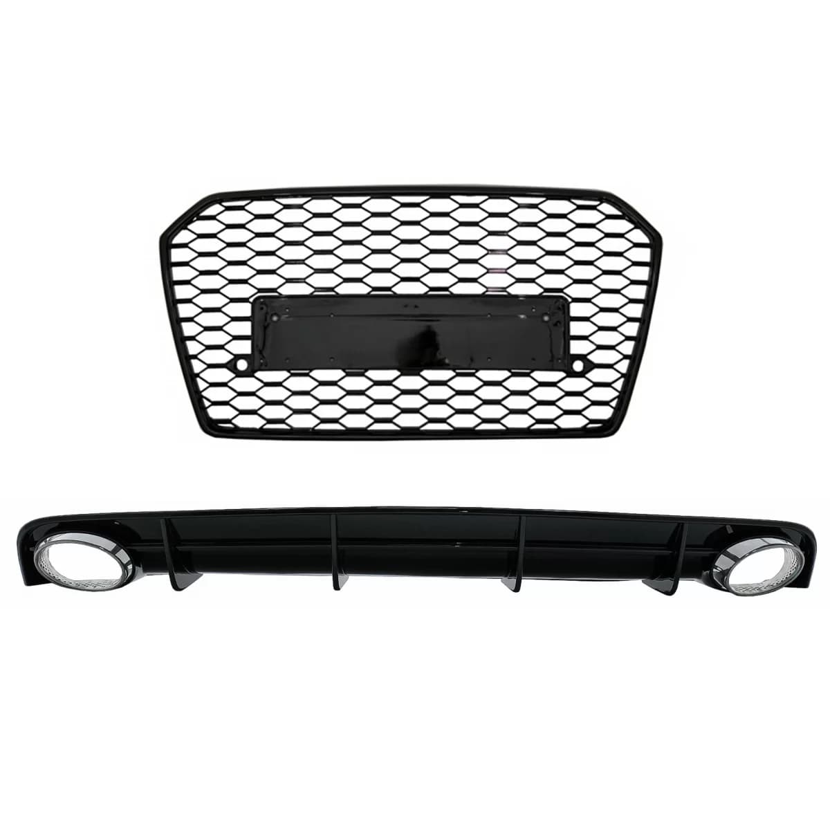 Rear Bumper Valance Diffuser and Exhaust Tips for Audi A6 4G Facelift (2015-2018) with Front Grille RS6 Design Black only S-Line Bumper