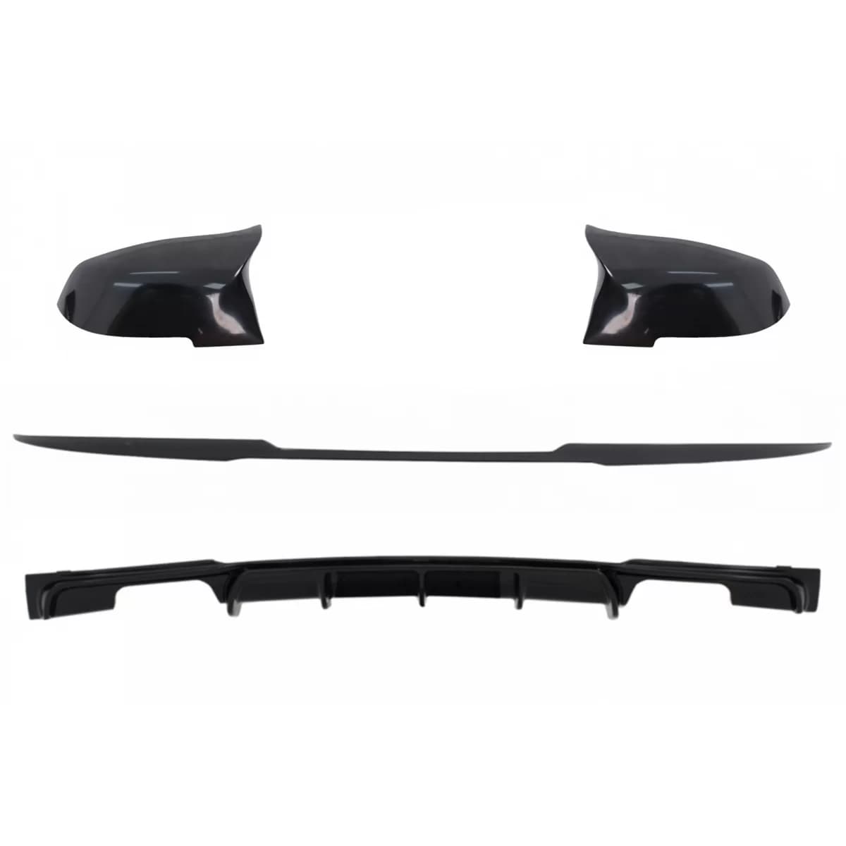 Trunk Boot Lip Spoiler with Rear Bumper Spoiler Valance Diffuser Double Outlet and Mirror Covers suitable for BMW 3 Series F30 (2011-2019) M4 CSL Performance Design Piano Black