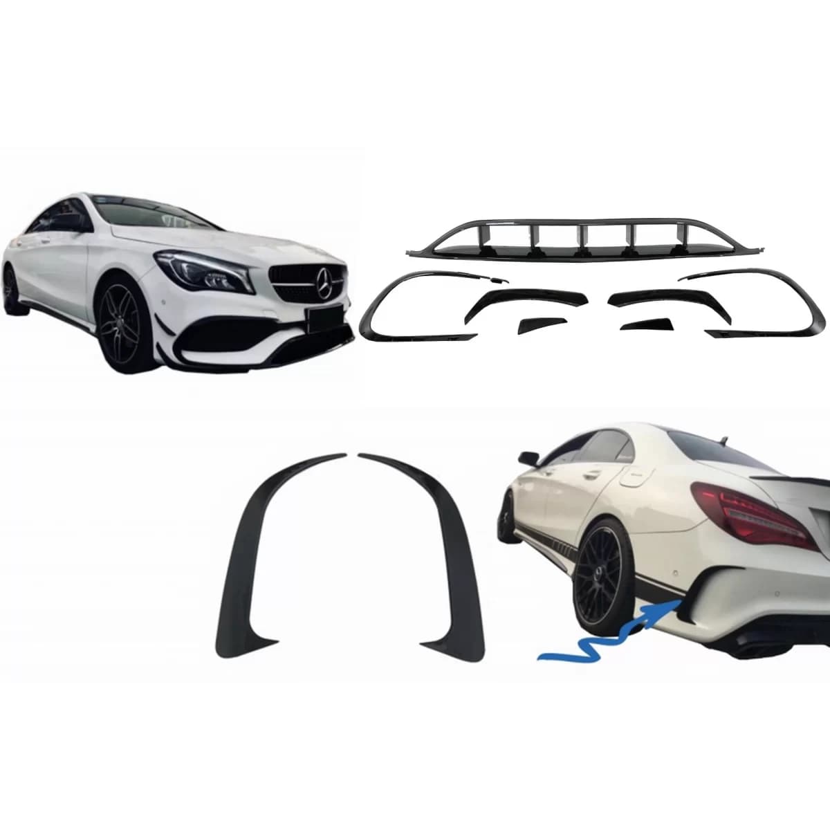 Front and Rear Bumper Splitters Fins Aero Conversion Kit suitable for Mercedes CLA W117 Facelift (2016-2018) CLA45 Design Canards Piano Black