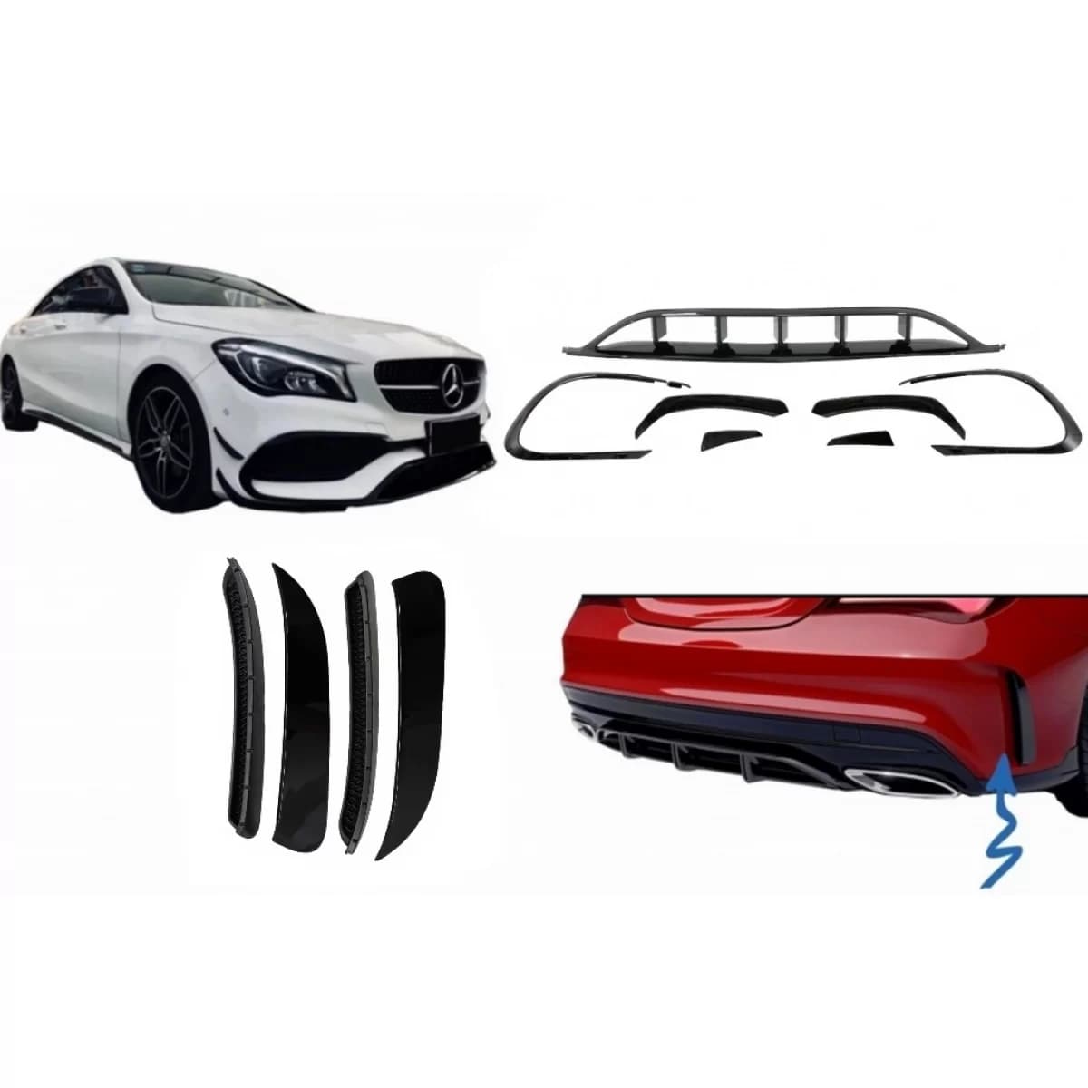 Front and Rear Bumper Splitters Fins Side Vent Flaps Aero Conversion Kit suitable for Mercedes CLA W117 Facelift (2016-2018) CLA45 Design Canards Piano Black