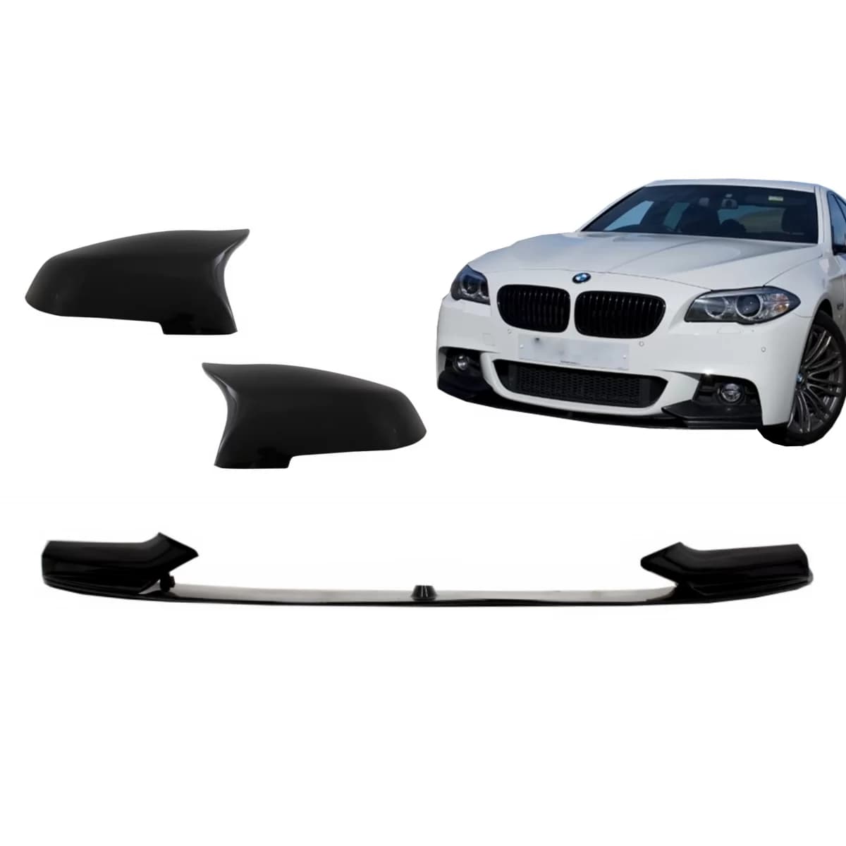 Front Bumper Spoiler Lip with Mirror Covers suitable for BMW 5 Series F10 F11 Sedan Touring (2015-2017) M-Performance Piano Black