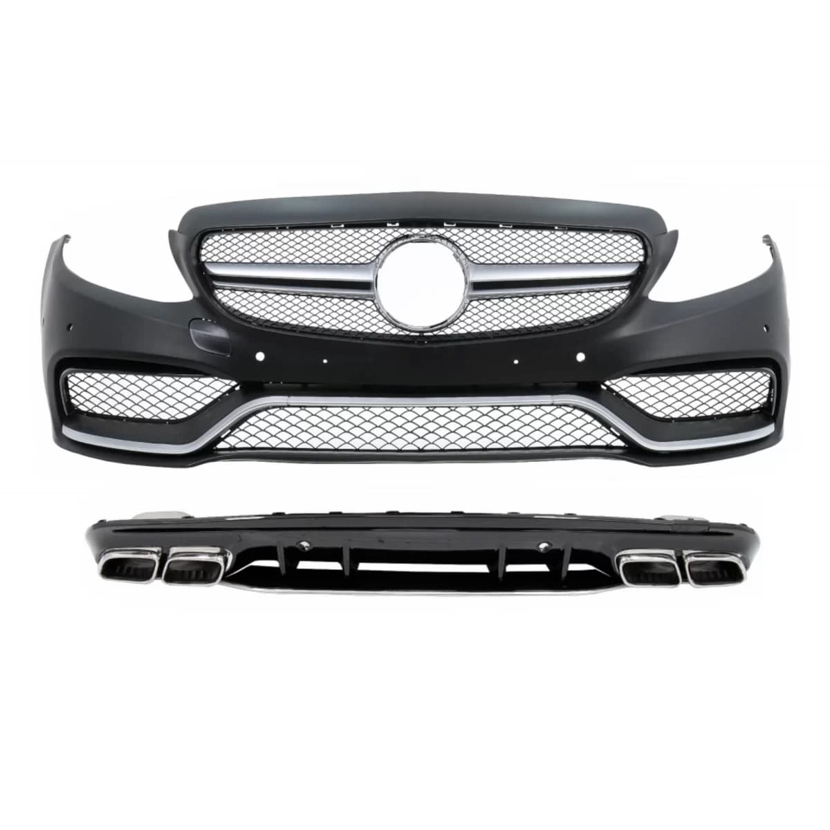 Front Bumper with Rear Diffuser and Silver Tips suitable for Mercedes C-Class W205 S205 (2014-2020) Only for AMG Sport Line