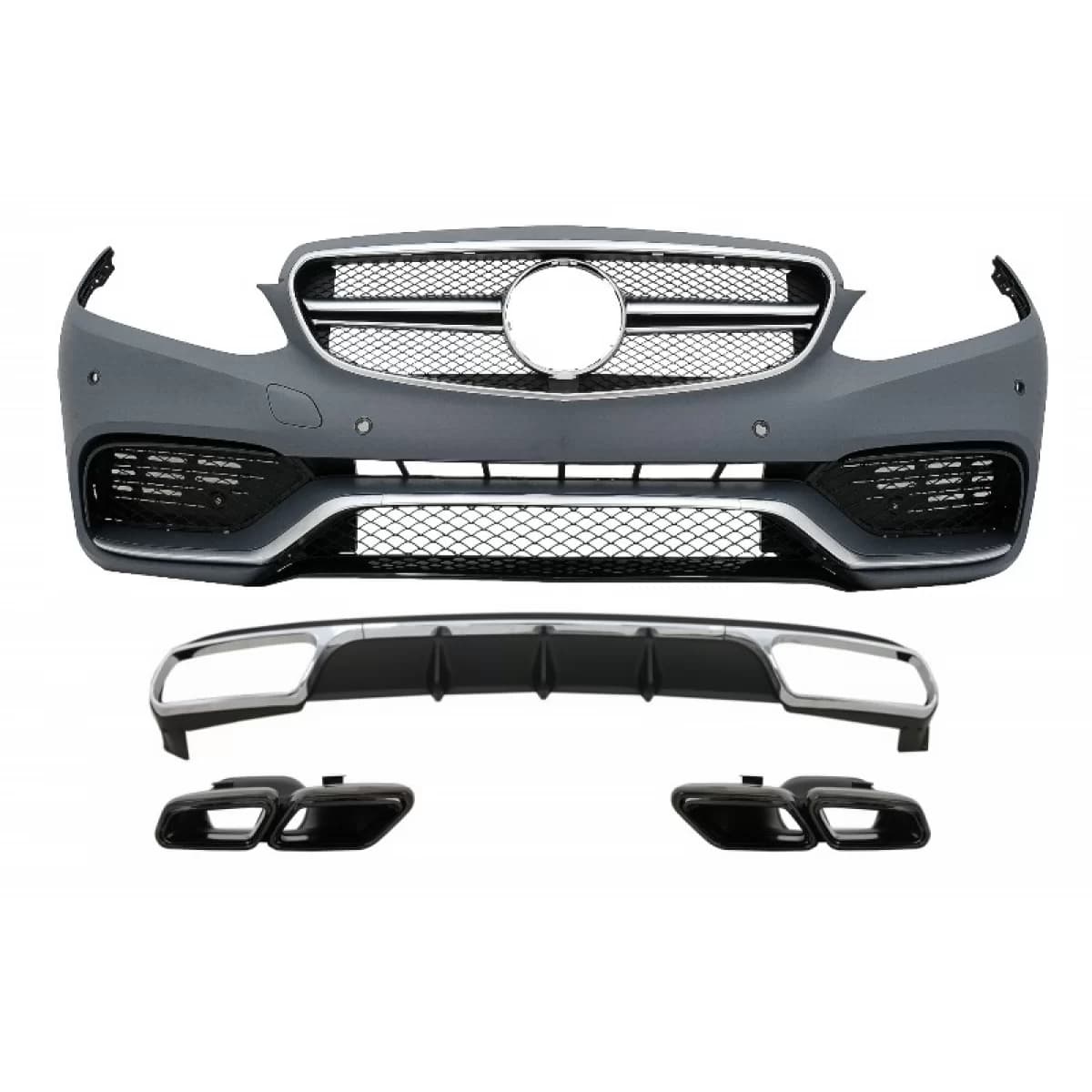 Front Bumper with Rear Diffuser and Exhaust Muffler Tips Black suitable for Mercedes E-Class W212 Facelift (2013-2016) only Standard Bumper