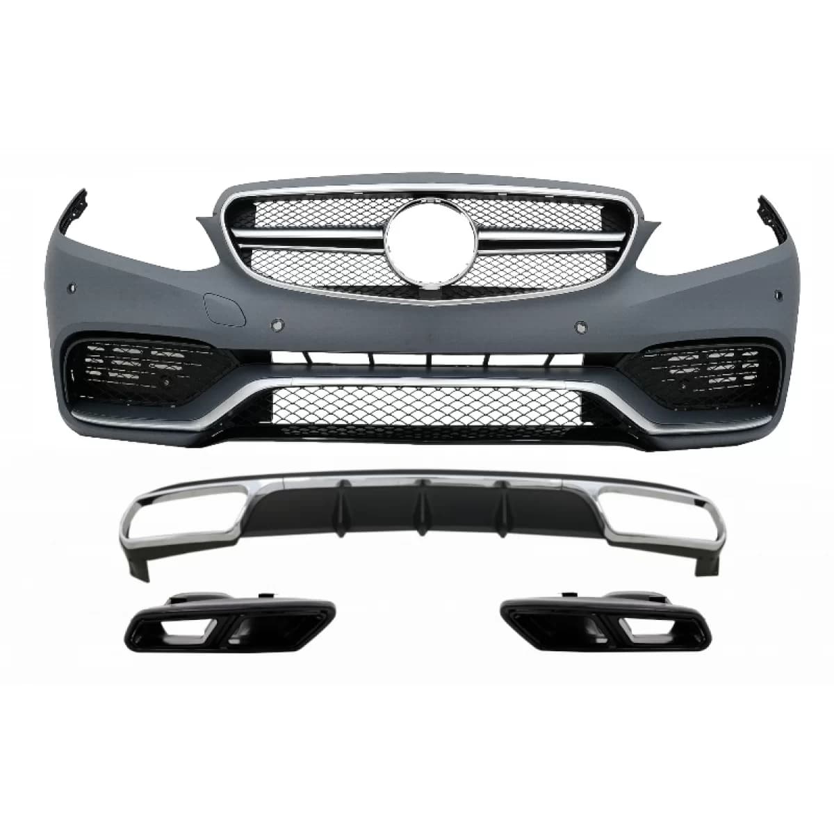 Front Bumper with Rear Diffuser and Exhaust Muffler Tips Black suitable for Mercedes E-Class W212 Facelift (2013-2016) E65 Design only Standard Bumper