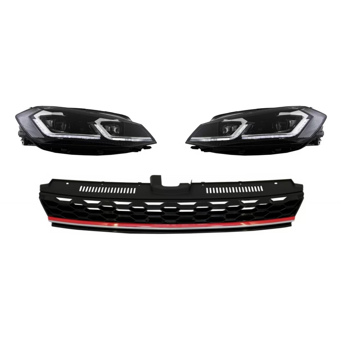 Central Badgeless Grille with LED Headlights Sequential Dynamic Turning Lights suitable for VW Golf 7.5 VII Facelift (2017-up) GTI Design Red And Chrome