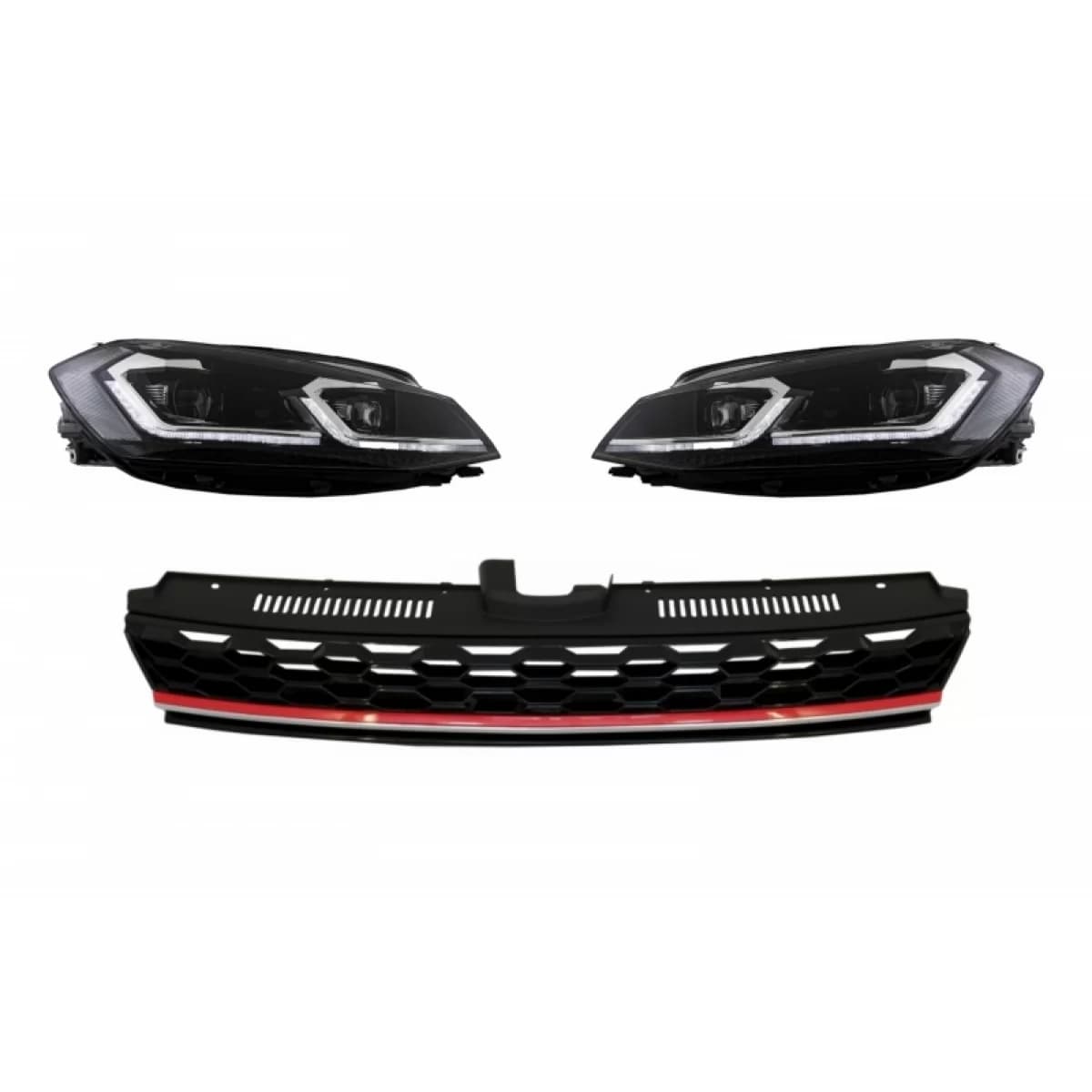 Central Badgeless Grille with RHD LED Headlights Sequential Dynamic Turning Lights suitable for VW Golf 7.5 VII Facelift (2017-up) GTI Design Red and Chrome