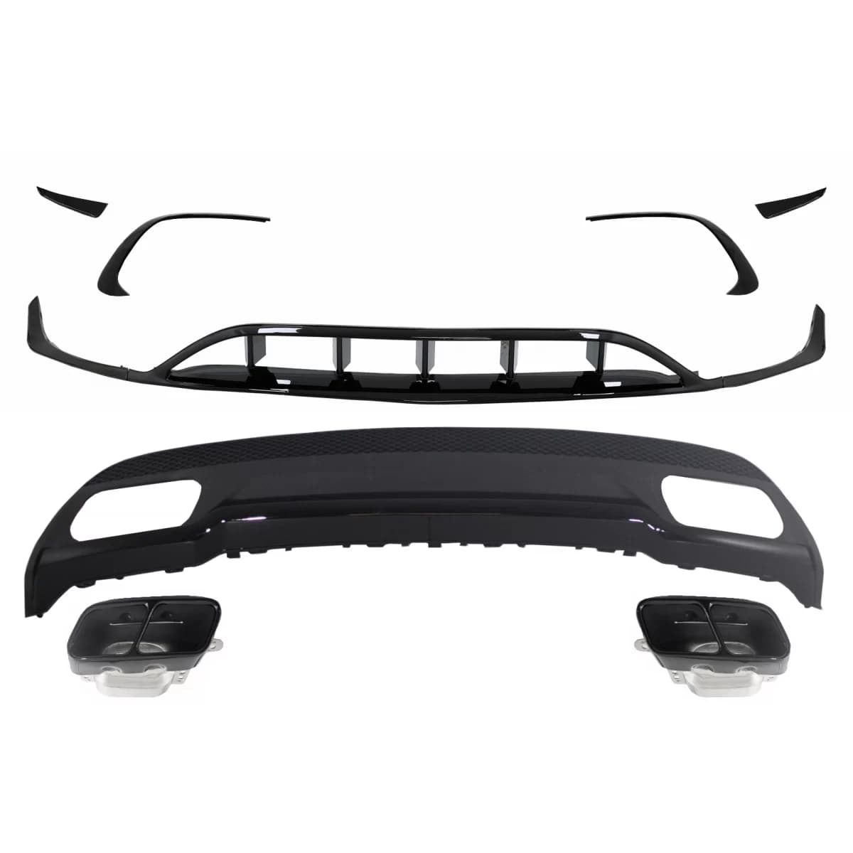 Rear Diffuser with Exhaust Tips Tailpipe with Splitters Fins Aero suitable for Mercedes A-Class W176 (2015-2018) Sport Pack All Black
