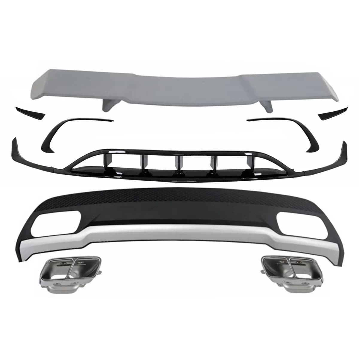 Rear Diffuser & Exhaust Tips Tailpipe Package with Front Splitters Fins Aero and Trunk Spoiler suitable for MERCEDES A-Class W176 (2015-2018) Sport Pack