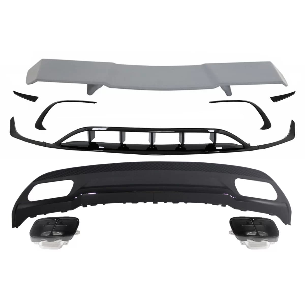 Rear Diffuser & Exhaust Tips Tailpipe with Splitters Fins Aero with Trunk Spoiler suitable for MERCEDES A-Class W176 (2015-2018) Sport Pack All Black