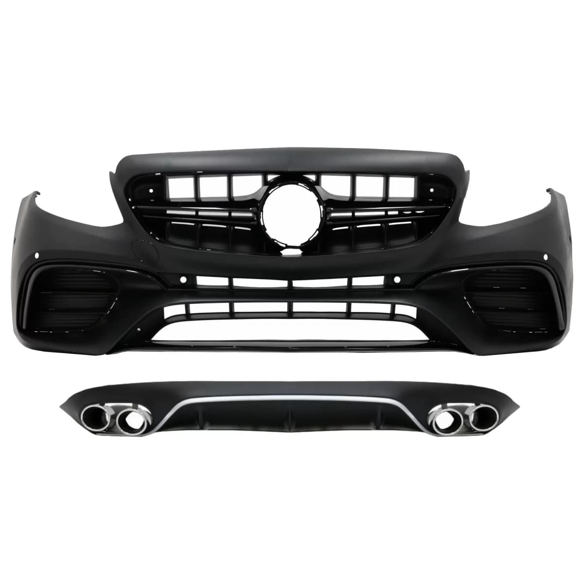Front Bumper with Diffuser and Exhaust Muffler Tips suitable for Mercedes E-Class C238 A238 (2016-up) E63 Design Black Chrome