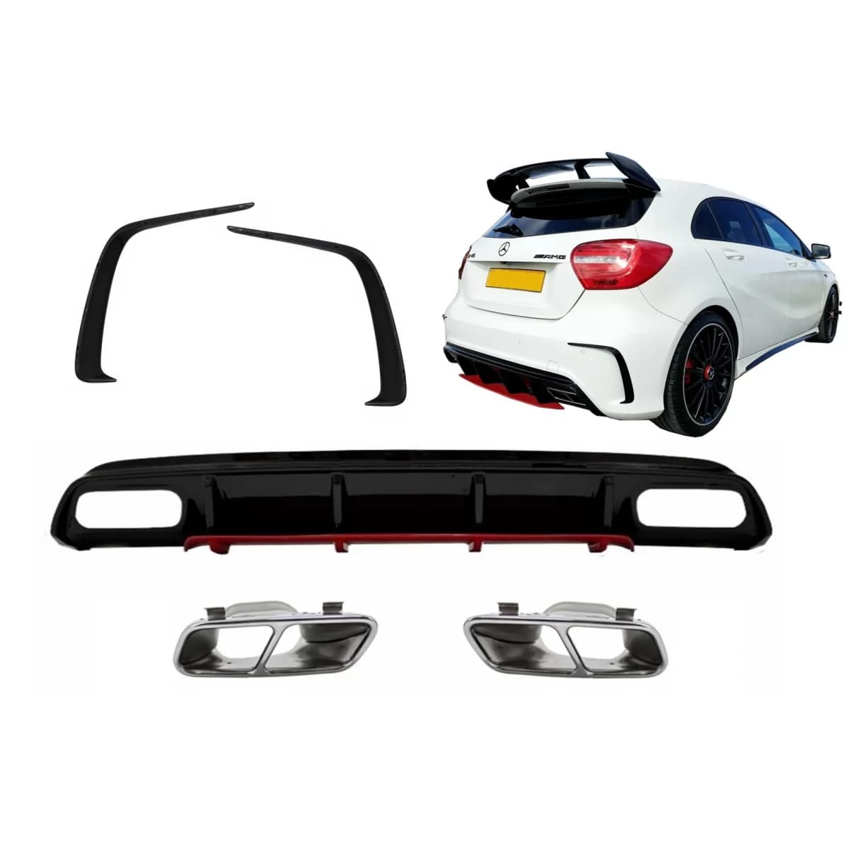 Rear Diffuser with Exhaust Muffler Tips Chrome and Splitters Fins suitable for Mercedes A-Class W176 Facelift (2015-2018) A45 Design Red Edition