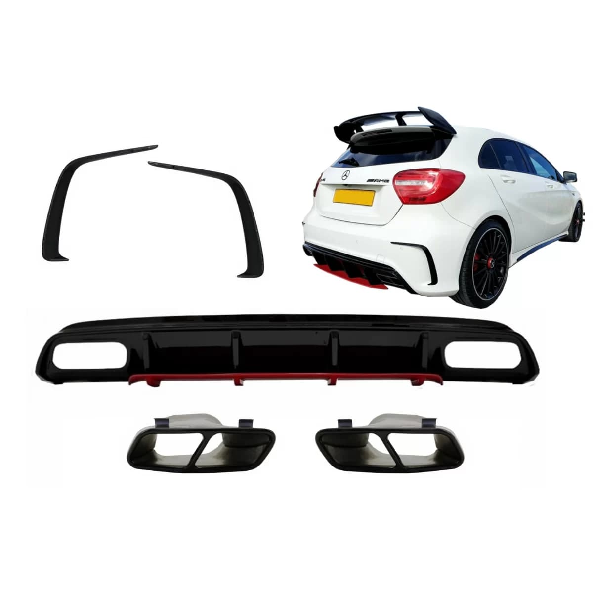 Rear Diffuser with Exhaust Muffler Tips Black and Splitters Fins suitable for Mercedes A-Class W176 Facelift (2015-2018) A45 Design Red Edition
