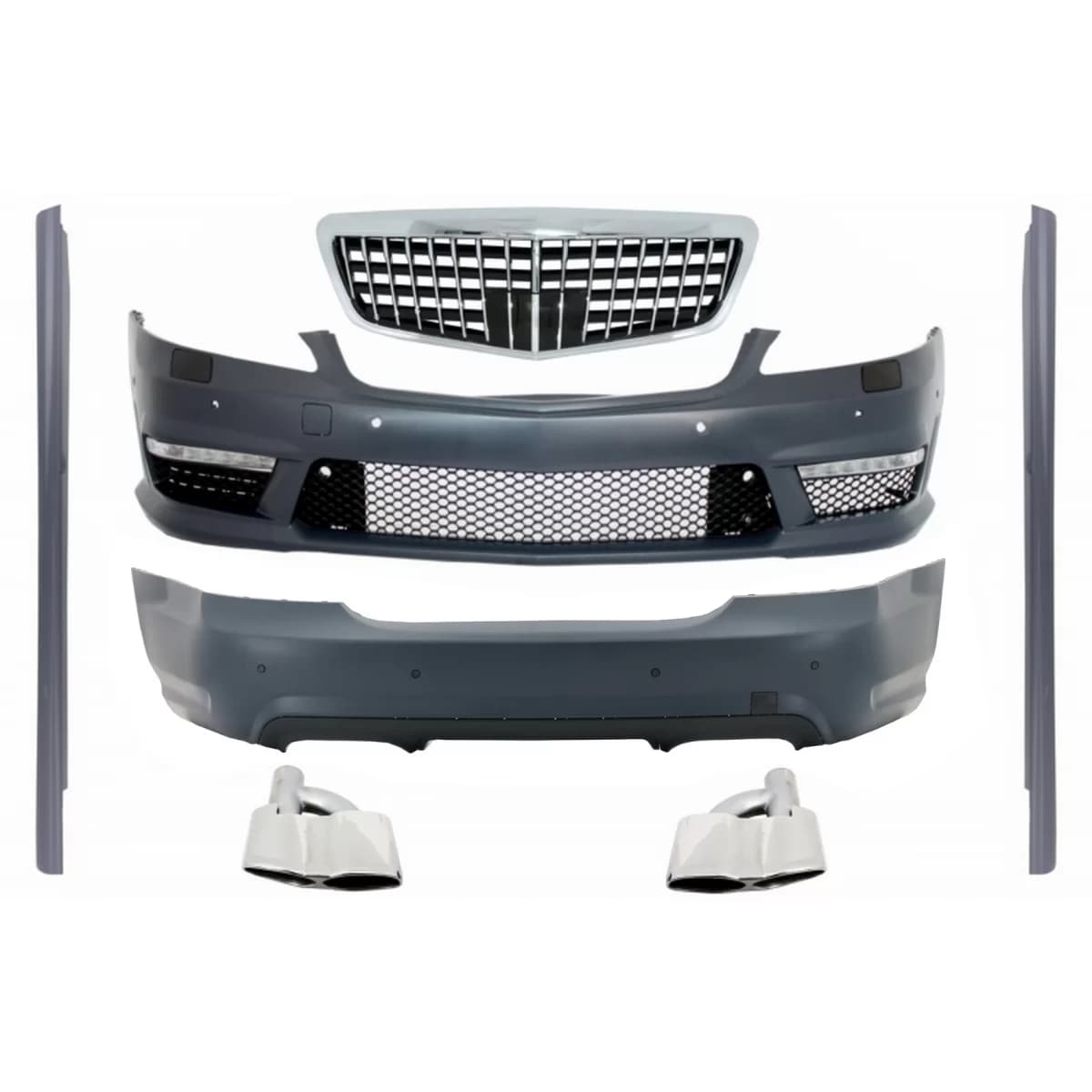 Body Kit suitable for Mercedes S-Class W221 (2005-2012) Bumpers with Exhaust muffler tips and Side Skirts S63 S65 Design