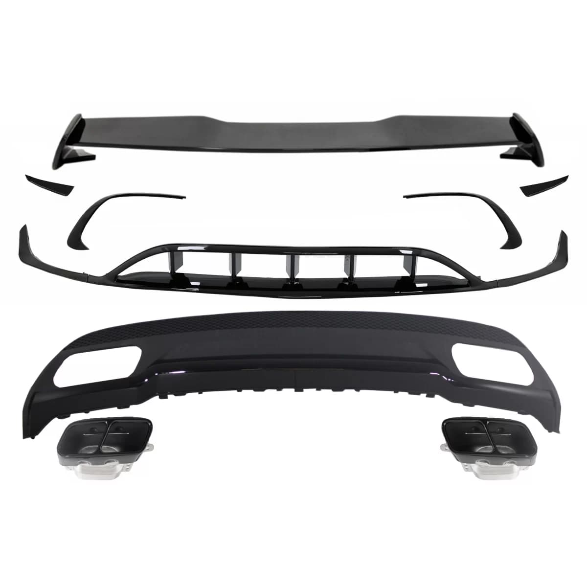 Rear Diffuser & Exhaust Tips Tailpipe with Splitters Fins Aero and Roof Boot Lid Spoiler suitable for MERCEDES A-Class W176 (2015-2018) Sport Pack All Black