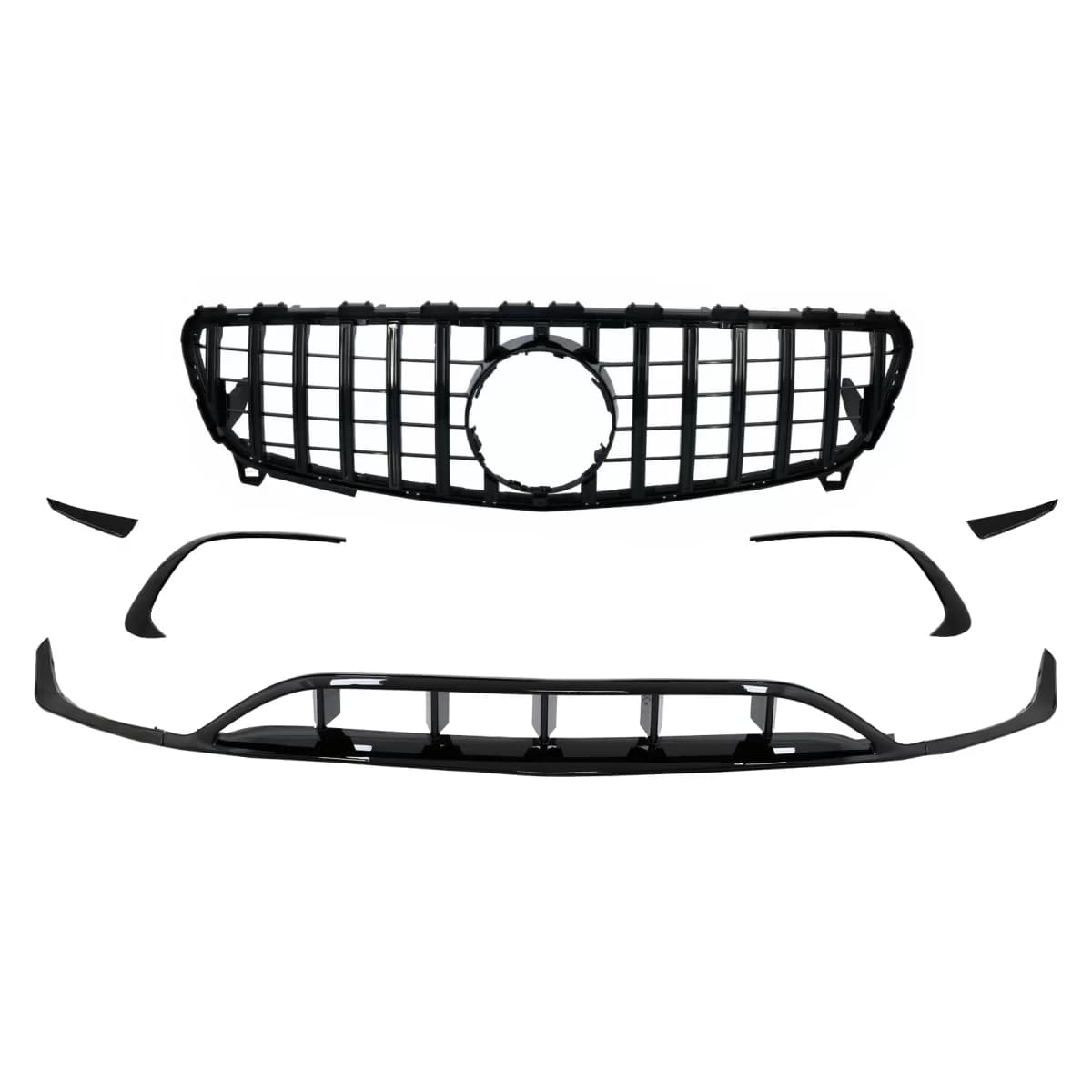 Front Bumper Splitters Fins Aero with Central Grille suitable for Mercedes A-Class W176 Facelift Sport Line (09.2015-2018) Piano Black