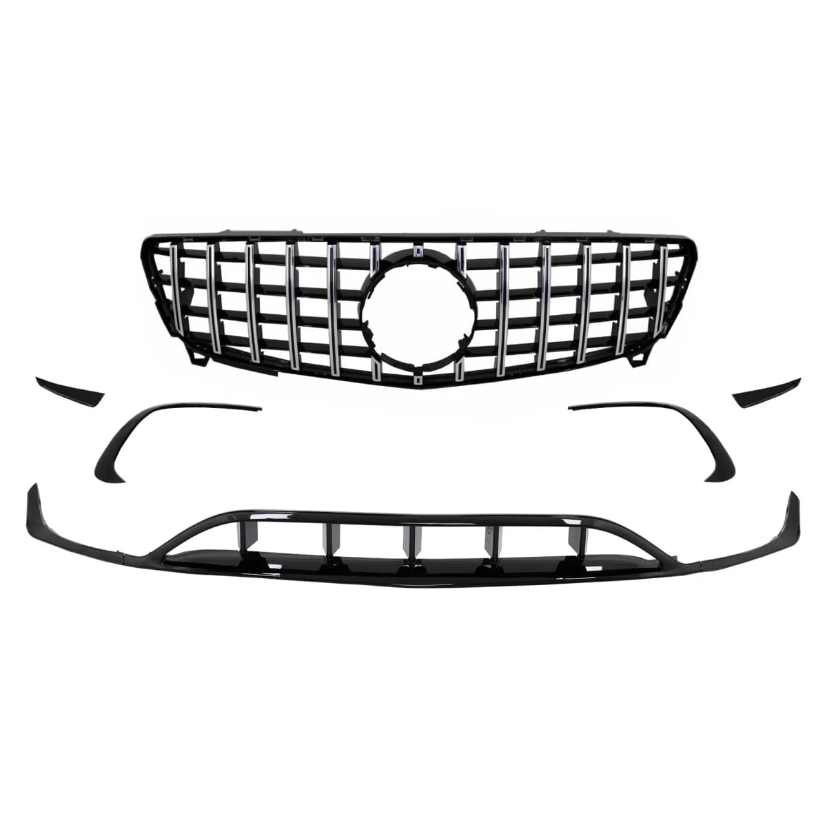 Front Bumper Splitters Fins Aero with Central Grille suitable for Mercedes A-Class W176 Facelift Sport Line (09.2015-2018) Piano Black