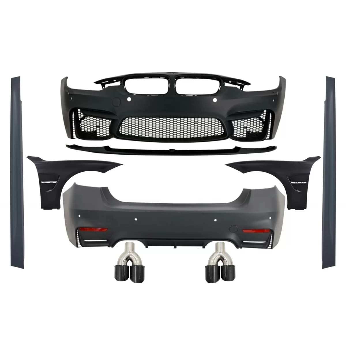 Complete Body Kit with Carbon Fiber Exhaust Muffler Tips and Front Fenders suitable for BMW F30 (2011-2019) EVO II M3 CS Style Without Fog Lamps