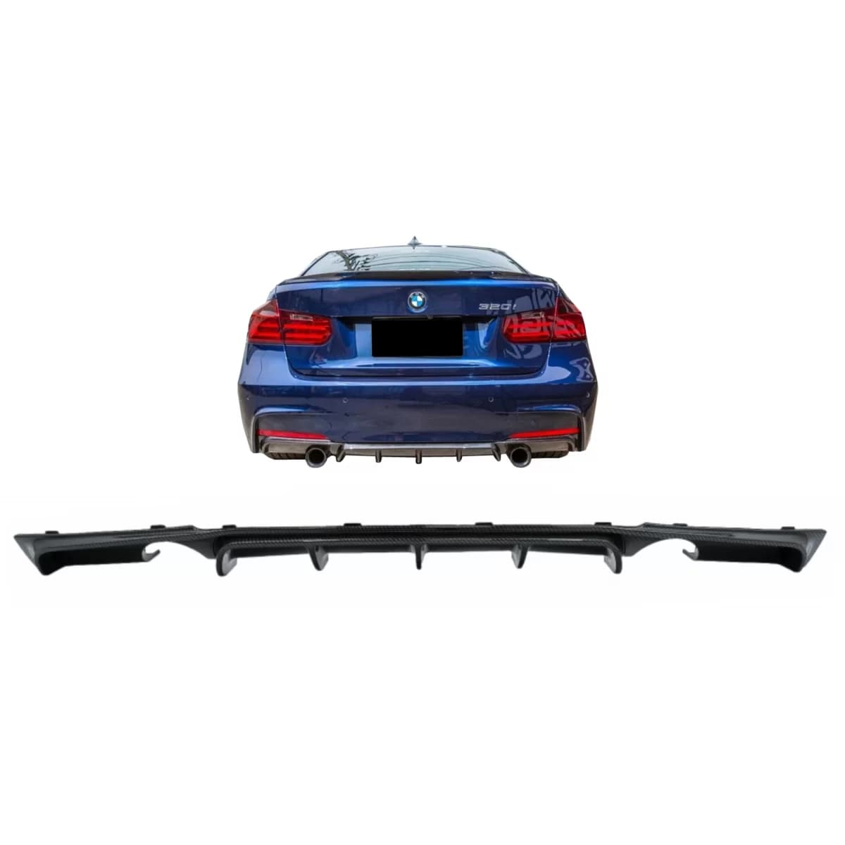 Rear Bumper Spoiler Valance Diffuser Double Outlet for Single Exhaust suitable for BMW 3 Series F30 F31 (2011-2019) M Performance Design Carbon Film Coating