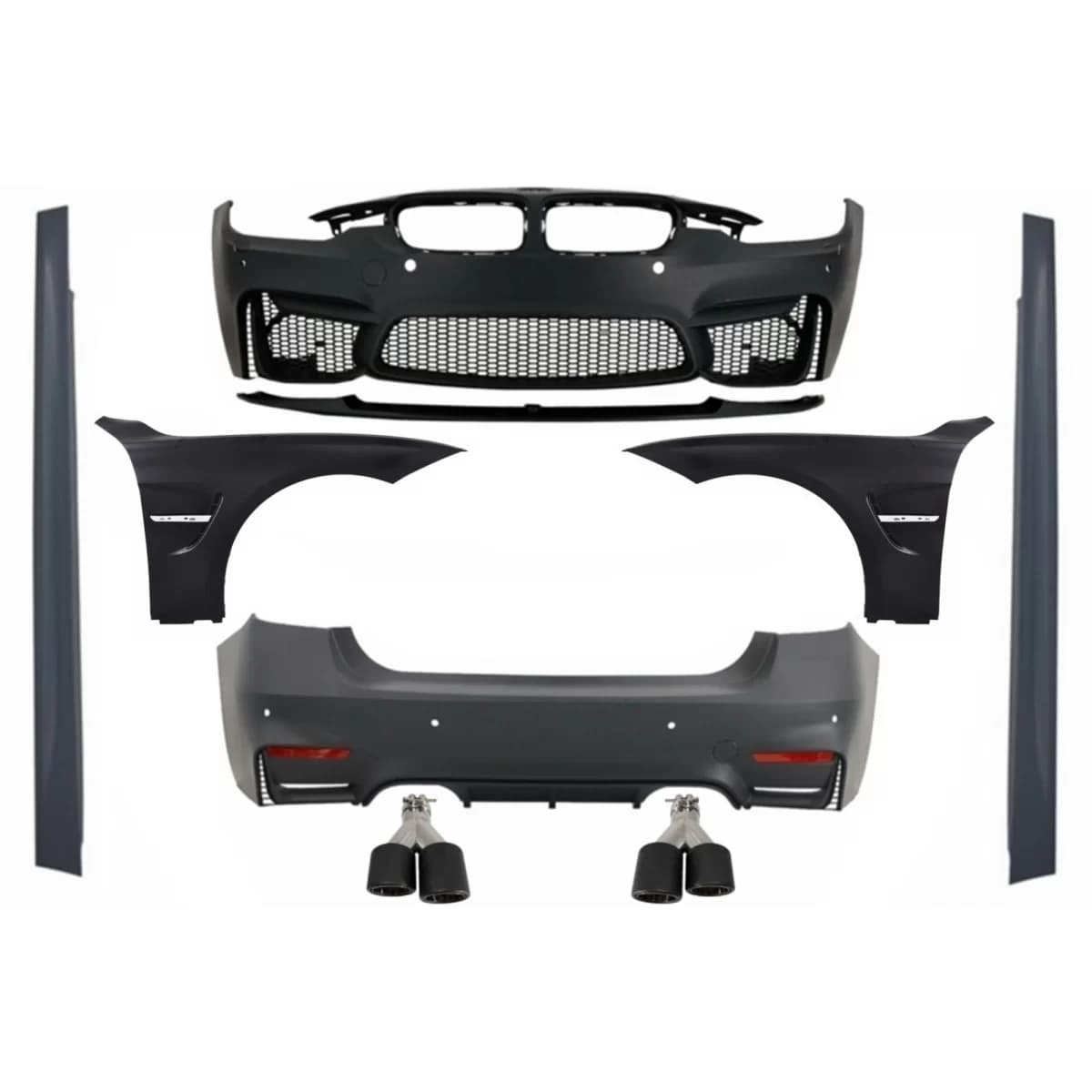 Complete Body Kit suitable for BMW F30 (2011-2019) with Front Fenders and Dual Twin Exhaust Muffler Tips Carbon Fiber EVO II M3 CS Style Without Fog Lamps