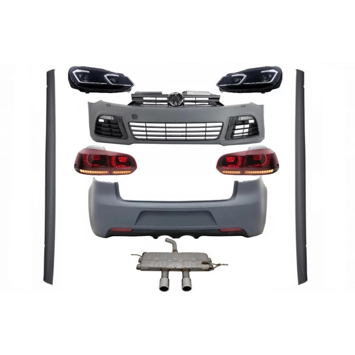 Complete Body Kit suitable for VW Golf VI 6 MK6 (2008-2013) R20 Design with Headlights LED and Taillights Dynamic Turning Light + Complete Exhaust System