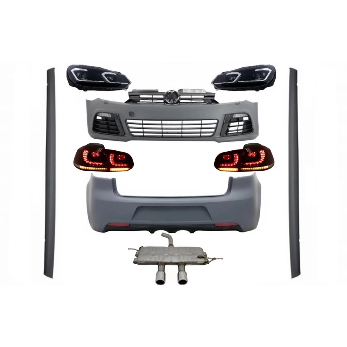 Complete Body Kit suitable for VW Golf VI 6 MK6 (2008-2013) R20 Design with Headlights LED and Taillights Dynamic Turning Light + Complete Exhaust System