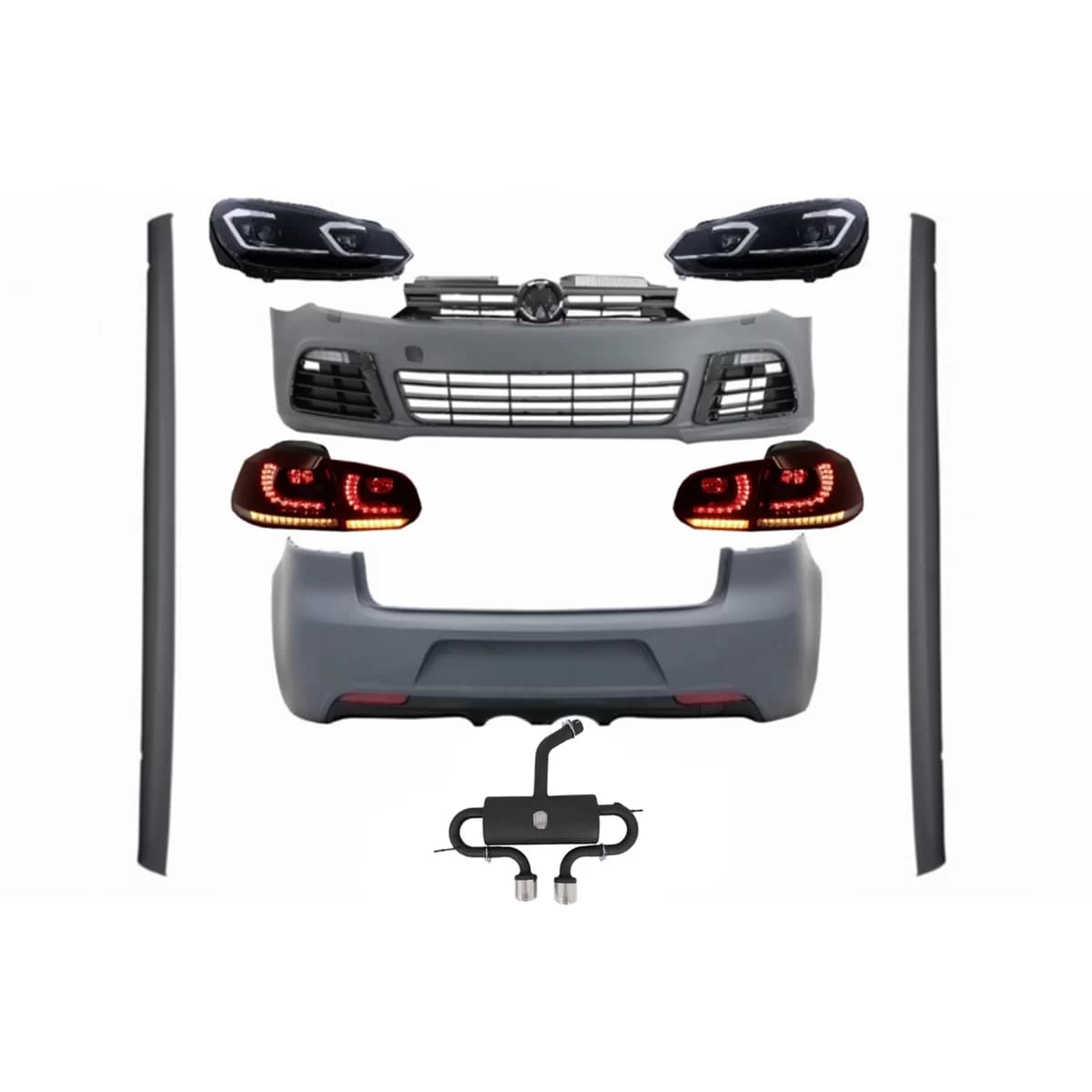 Complete Body Kit suitable for VW Golf VI 6 MK6 (2008-2013) R20 Design with Headlights LED and Taillights Dynamic Turning Light + Complete Exhaust System
