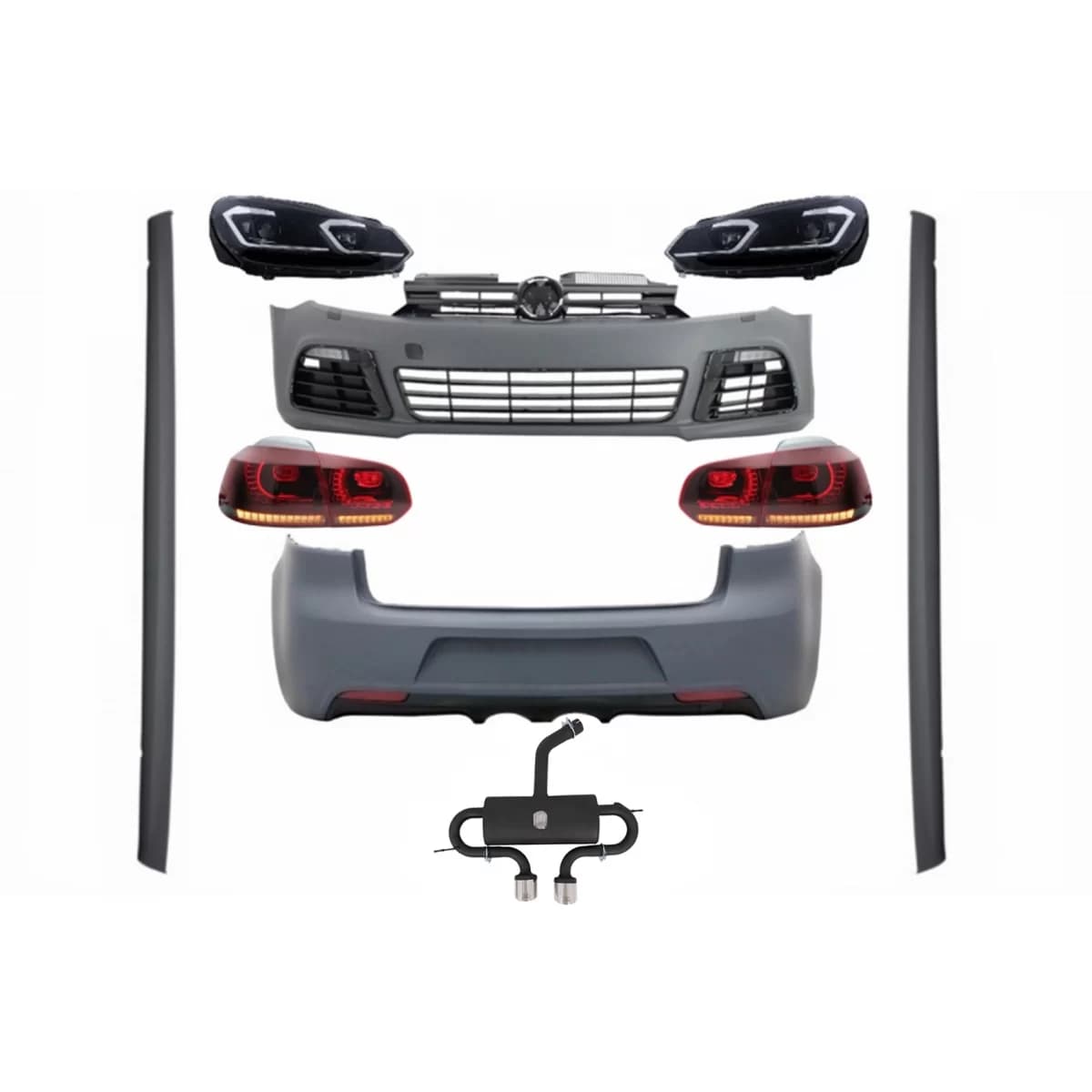 Complete Body Kit suitable for VW Golf VI 6 MK6 (2008-2013) R20 Design with Headlights LED and Taillights Dynamic Turning Light + Complete Exhaust System