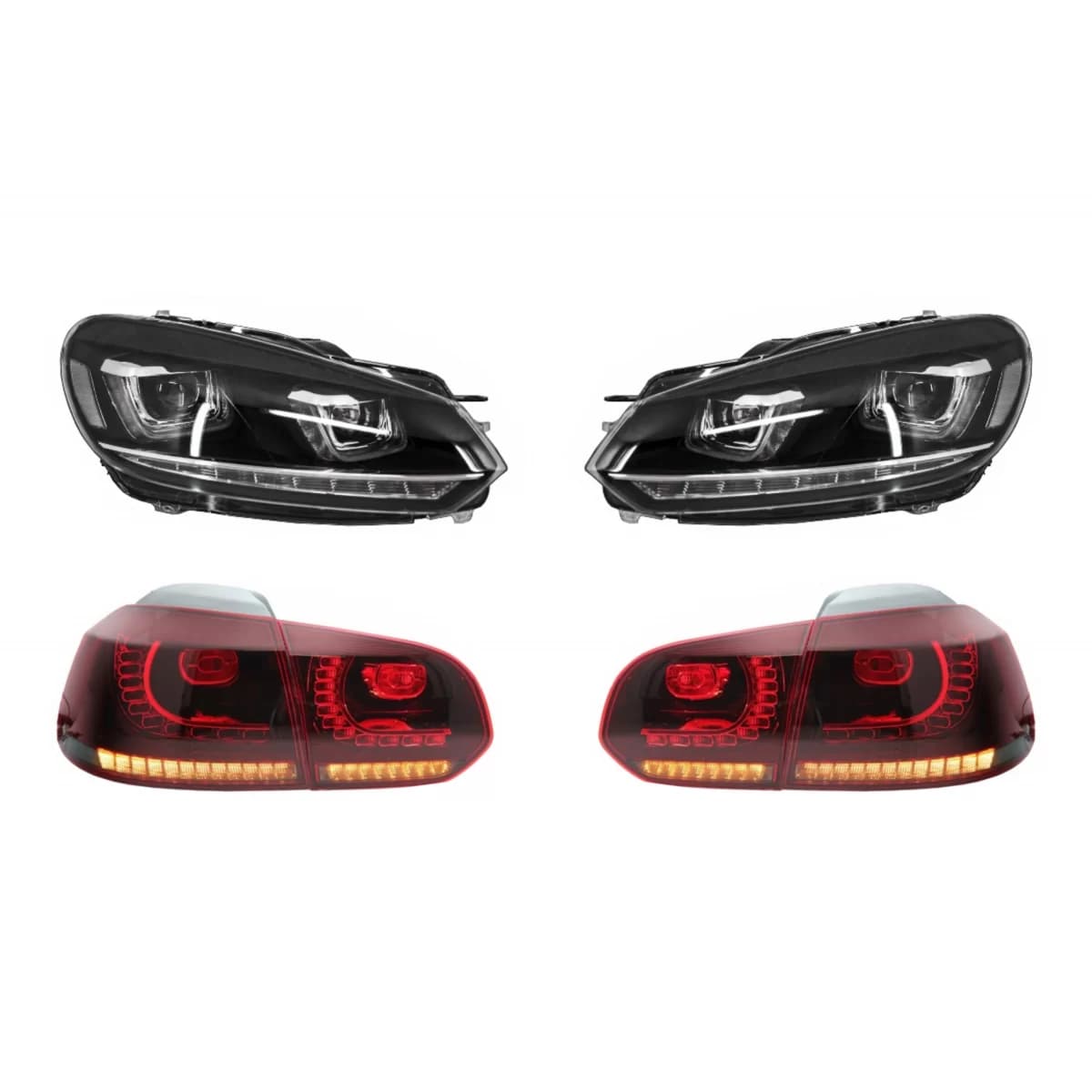 RHD Headlights Chrome with Taillights Full LED suitable for VW Golf 6 VI (2008-2013) LED Flowing Turning Light R20 U-Design