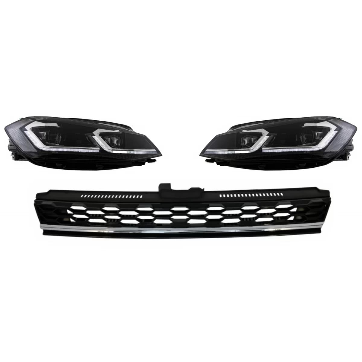 Central Badgeless Grille with LED Headlights Sequential Dynamic Turning Lights suitable for VW Golf 7.5 Facelift (2017-up) GTI Design Chrome