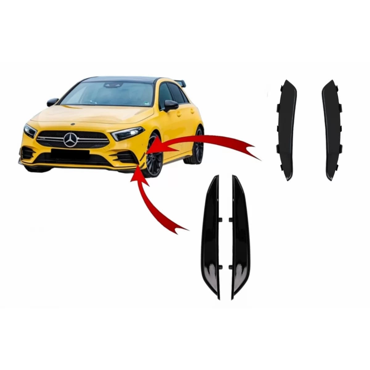 Kit Front Bumper Flaps Side Fins Flaps suitable for Mercedes A-Class W177 V177 (04.2018-2022) A35 Design Black Edition