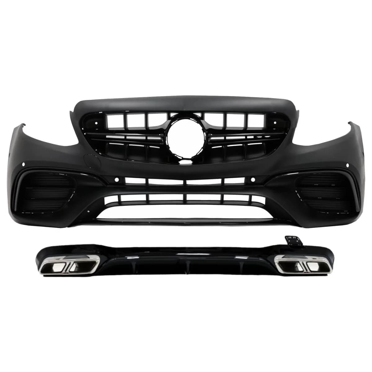 Front Bumper with Rear Diffuser and Exhaust Muffler Tips suitable for Mercedes E-Class W213 (2016-up) E63 Design Black Edition
