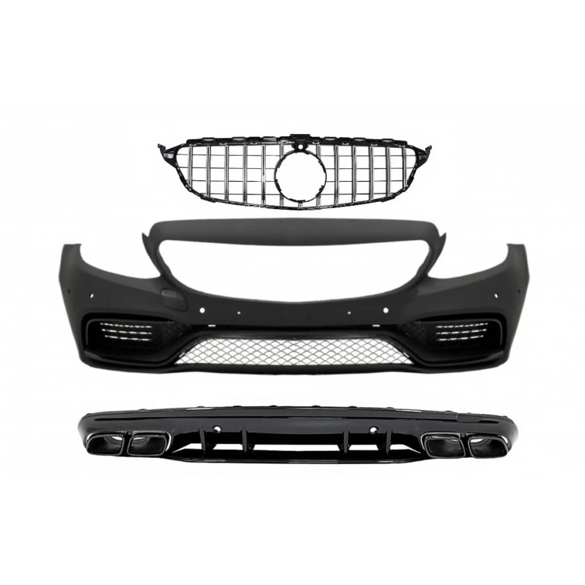 Front Bumper suitable for Mercedes C-Class W205 S205 (2014-2018) with Central Grille and Rear Diffuser C63 Design