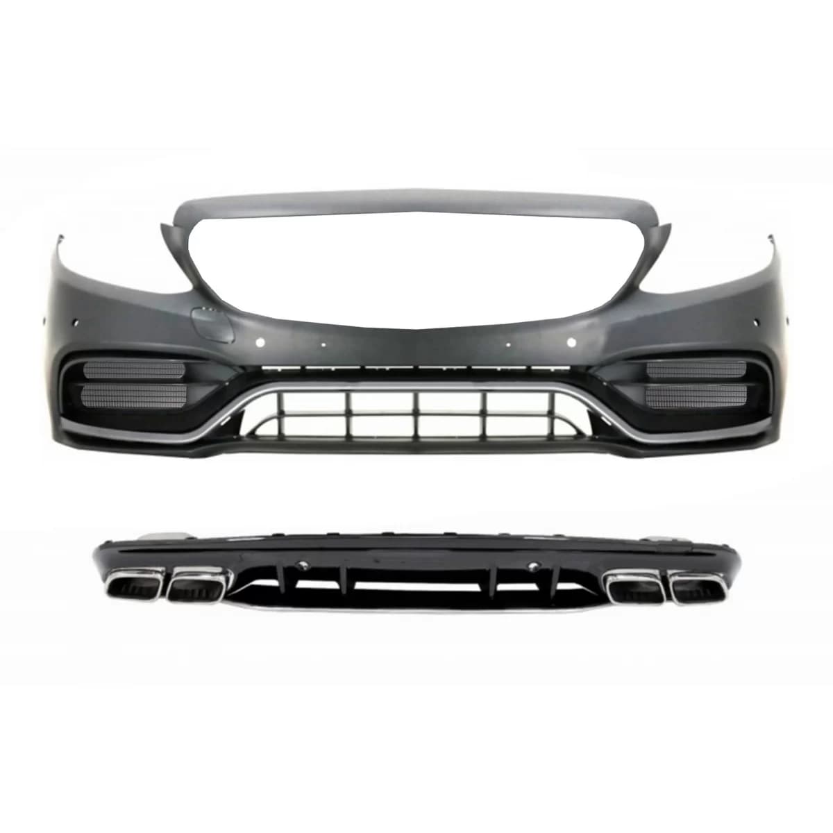 Front Bumper with Diffuser and Silver Tips suitable for Mercedes C-Class W205 S205 AMG Sport Line (2014-2020) C63S Design
