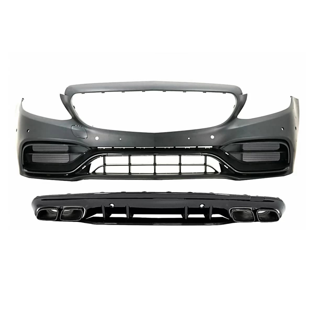 Front Bumper with Diffuser and Black Tips suitable for Mercedes C-Class W205 S205 AMG Sport Line (2014-2020) C63S Design