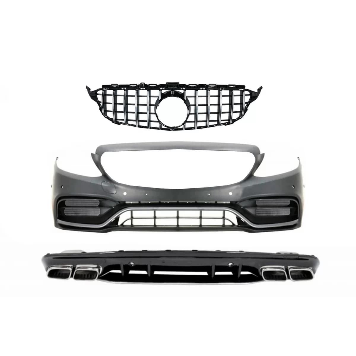 Front Bumper with Diffuser and Silver Tips suitable for Mercedes C-Class W205 S205 AMG Sport Line (2014-2020) C63S Design